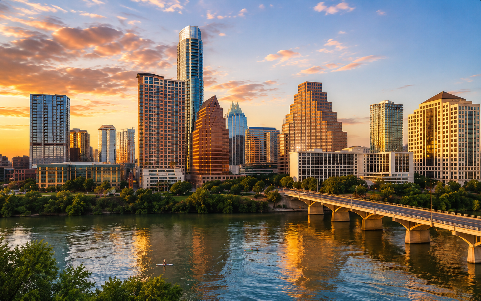 Downtown Austin skyline and bridge reflected in the river at sunset