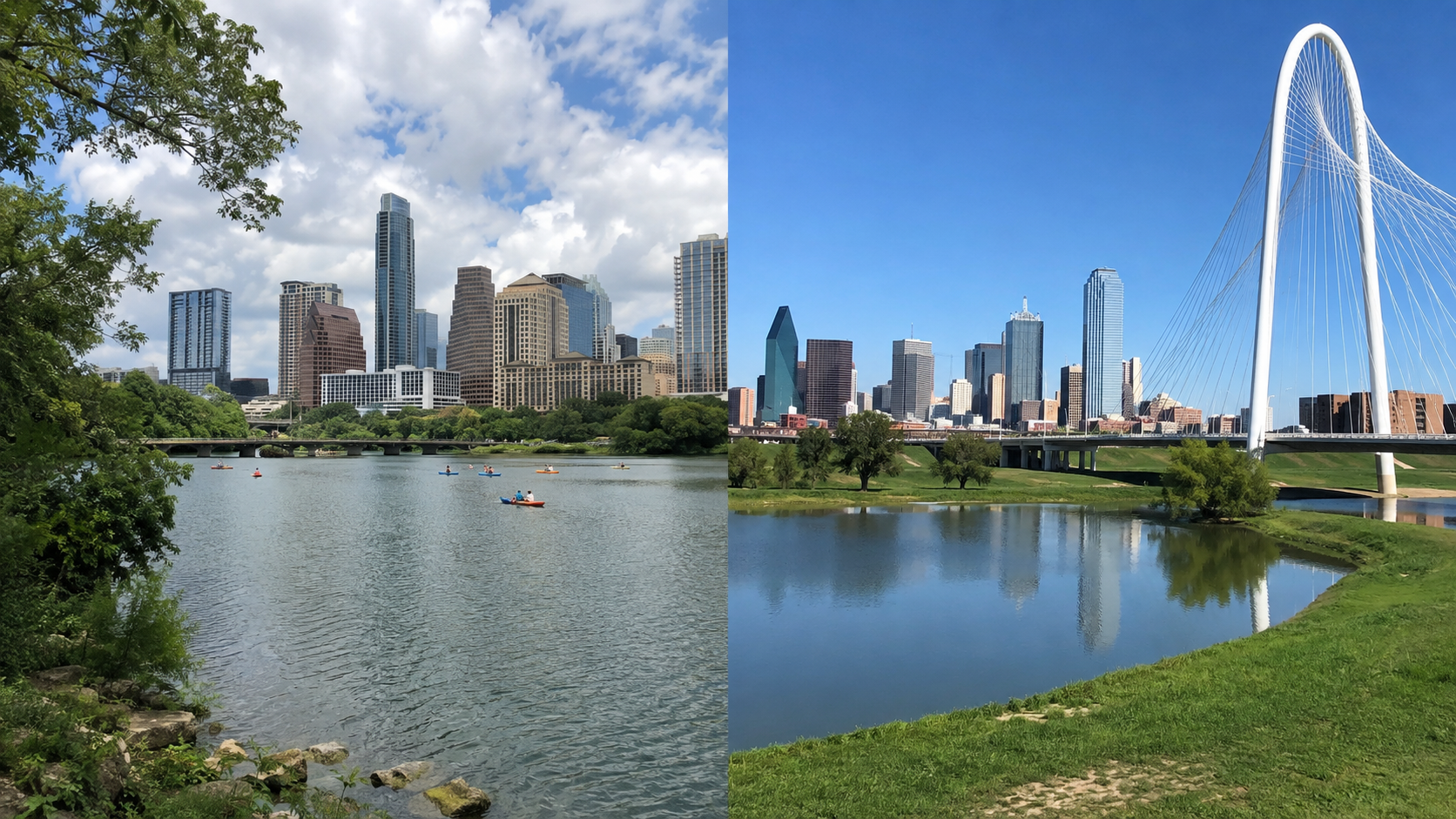 Split view of kayakers on Lady Bird Lake before the Austin skyline and the Dallas skyline beside Margaret Hunt Hill Bridge.