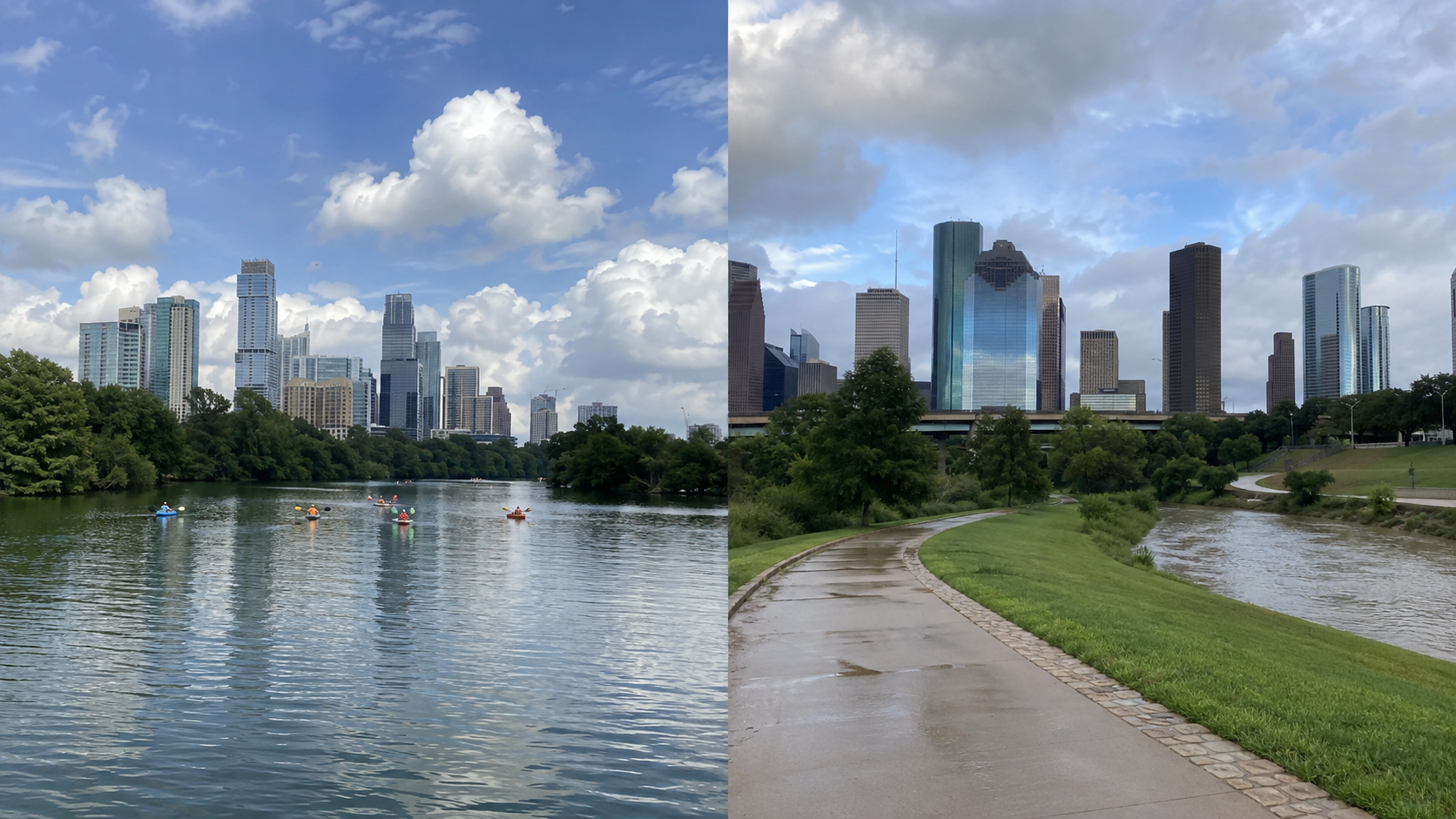 Split view of kayakers on Lady Bird Lake before the Austin skyline and the Houston skyline beside Buffalo Bayou.