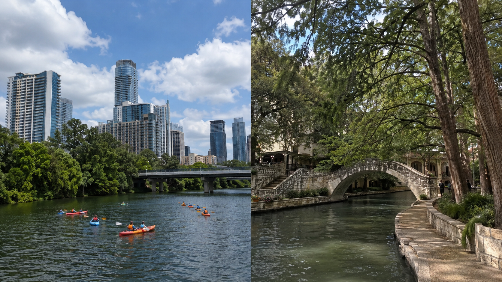 Split view of kayakers below the Austin skyline and a stone footbridge along the San Antonio River Walk.