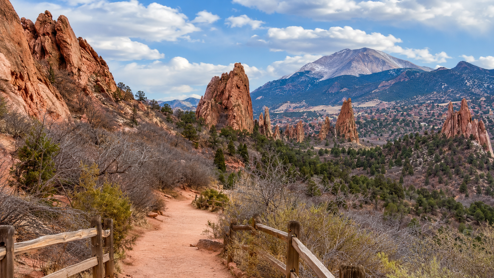 Red sandstone formations and a walking trail in Garden of the Gods with Pikes Peak in the distance.