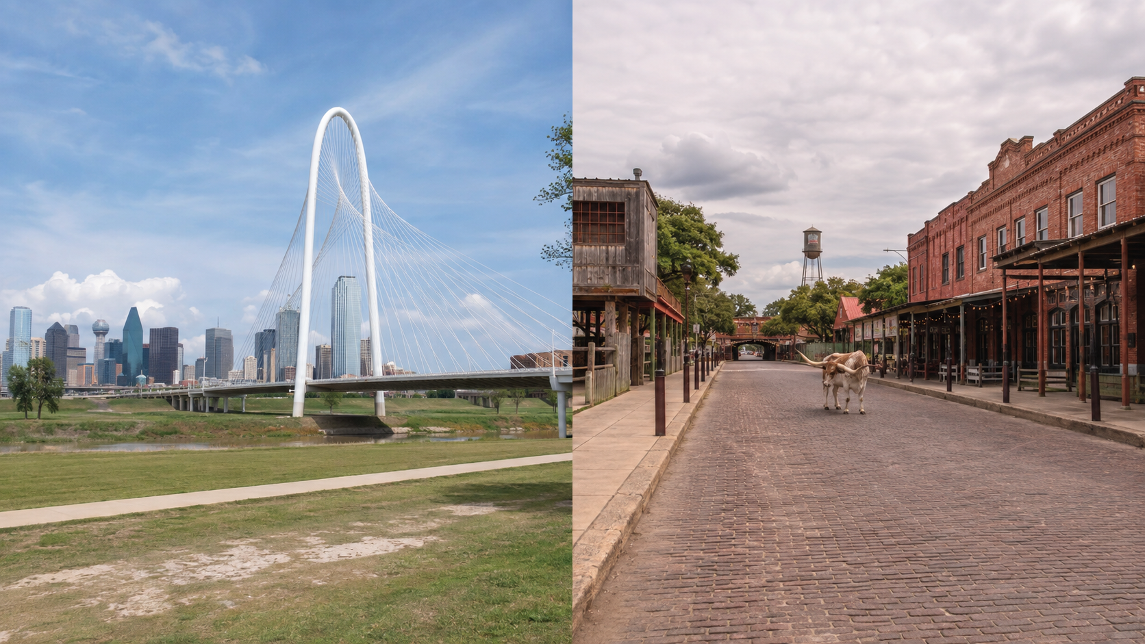 Split view of the Dallas skyline and Margaret Hunt Hill Bridge beside a longhorn on a Fort Worth Stockyards street.