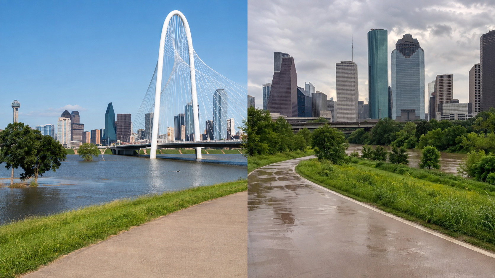Split view of the Dallas skyline and Margaret Hunt Hill Bridge and the Houston skyline beyond a green bayou trail.