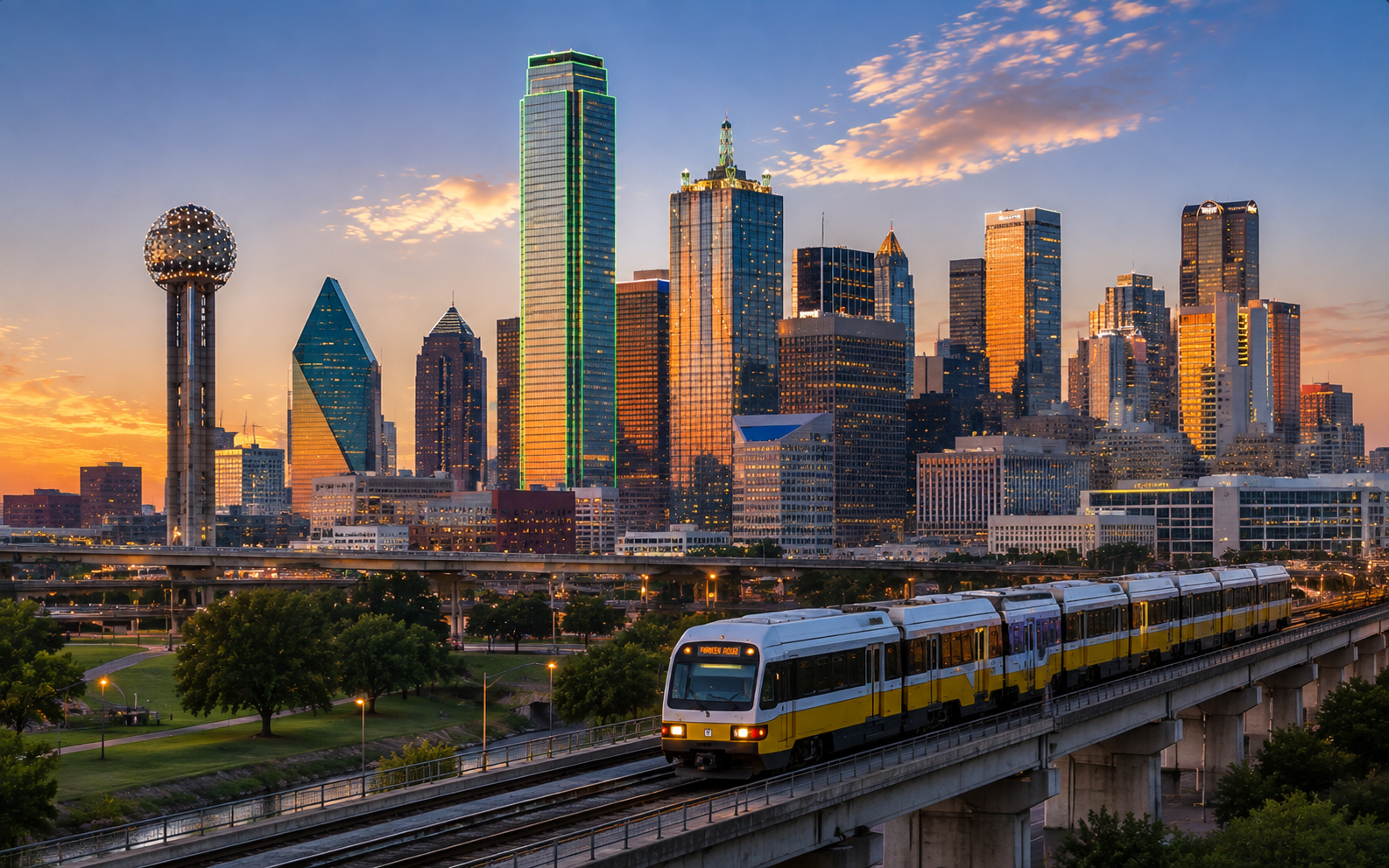 Dallas skyline at sunset with a DART light rail train in the foreground