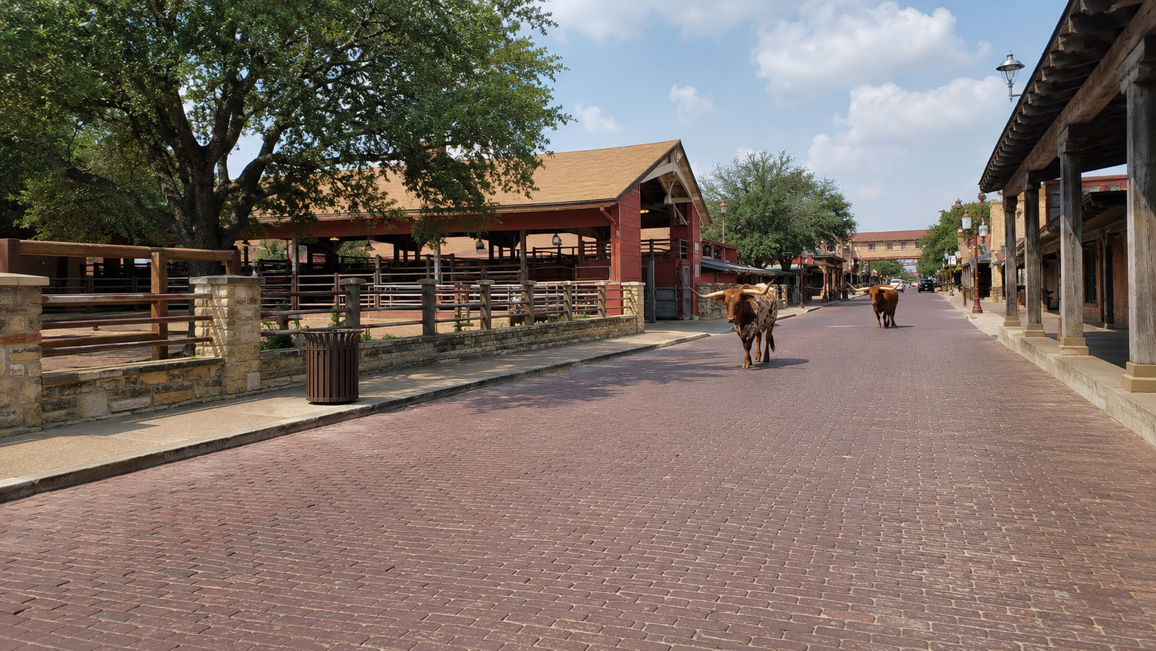 Texas longhorns walking along a brick street between historic buildings in the Fort Worth Stockyards.