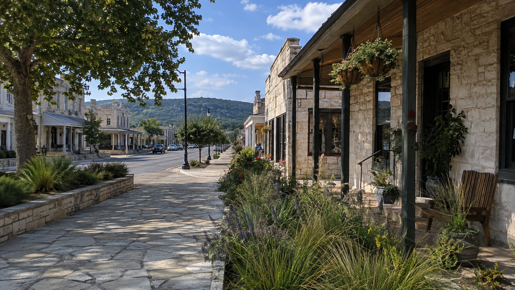 Stone storefronts, shaded sidewalks, and flowering plants along Main Street in Fredericksburg, Texas.