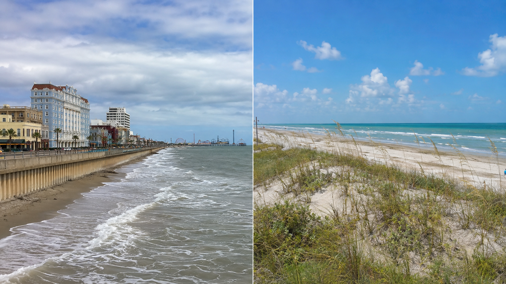 Split view of Galveston's seawall, historic hotels, and amusement pier and South Padre Island's sandy beach and dunes.