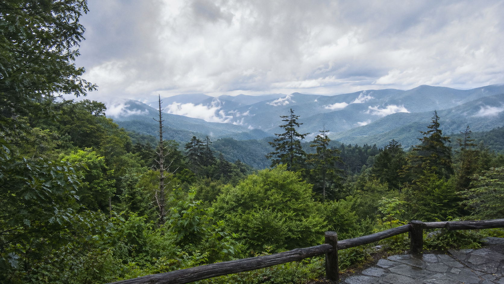 Forested ridges of the Great Smoky Mountains layered with low clouds beyond a scenic overlook.