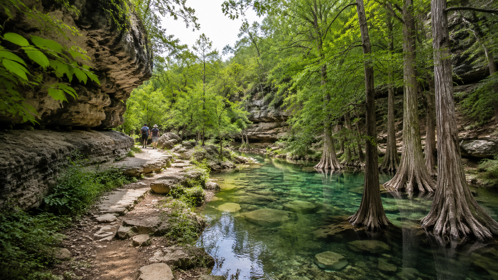 A quiet Texas swimming hole surrounded by limestone cliffs and green trees.