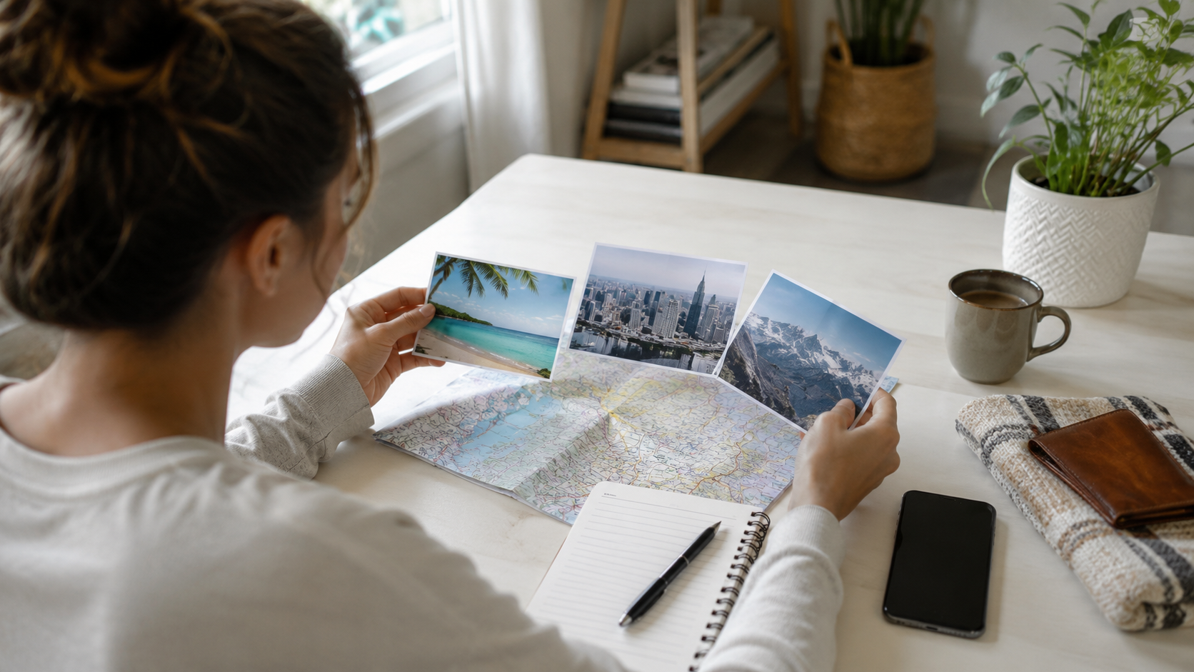 A traveler comparing vacation destinations on a map with trip-planning notes.