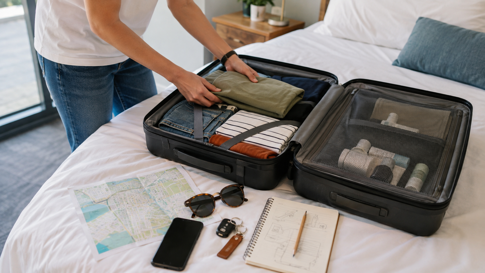 A weekend trip plan with a map, calendar, notebook, and packed travel essentials.