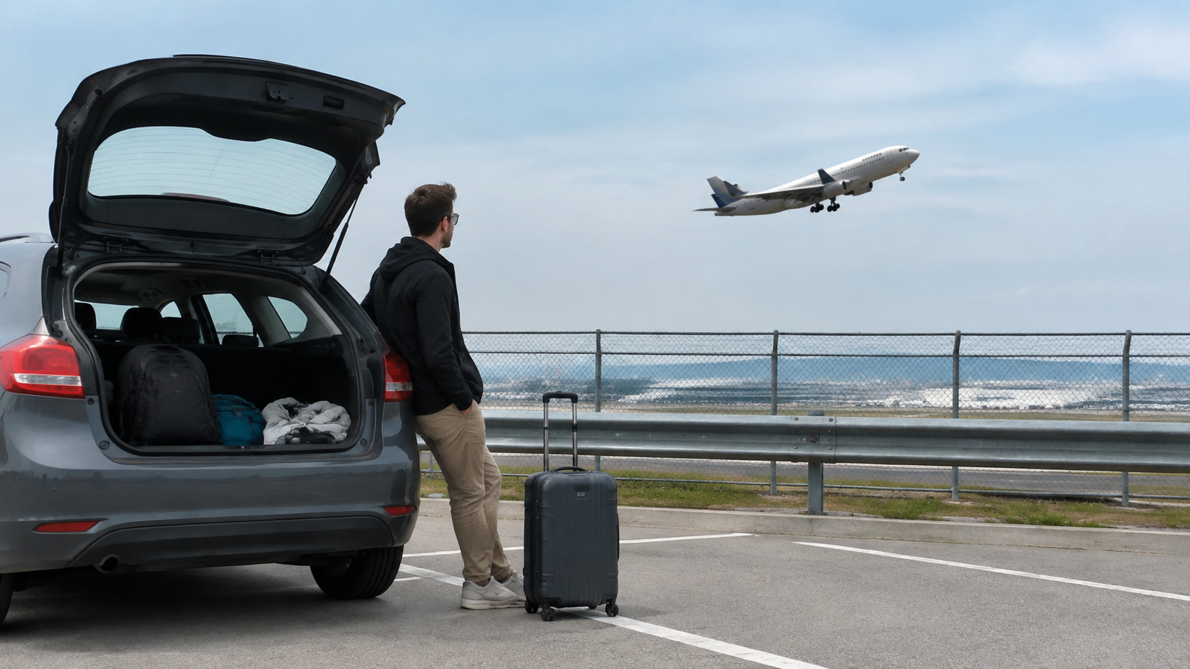 A car on an open road paired with an airplane in flight for a travel cost comparison.