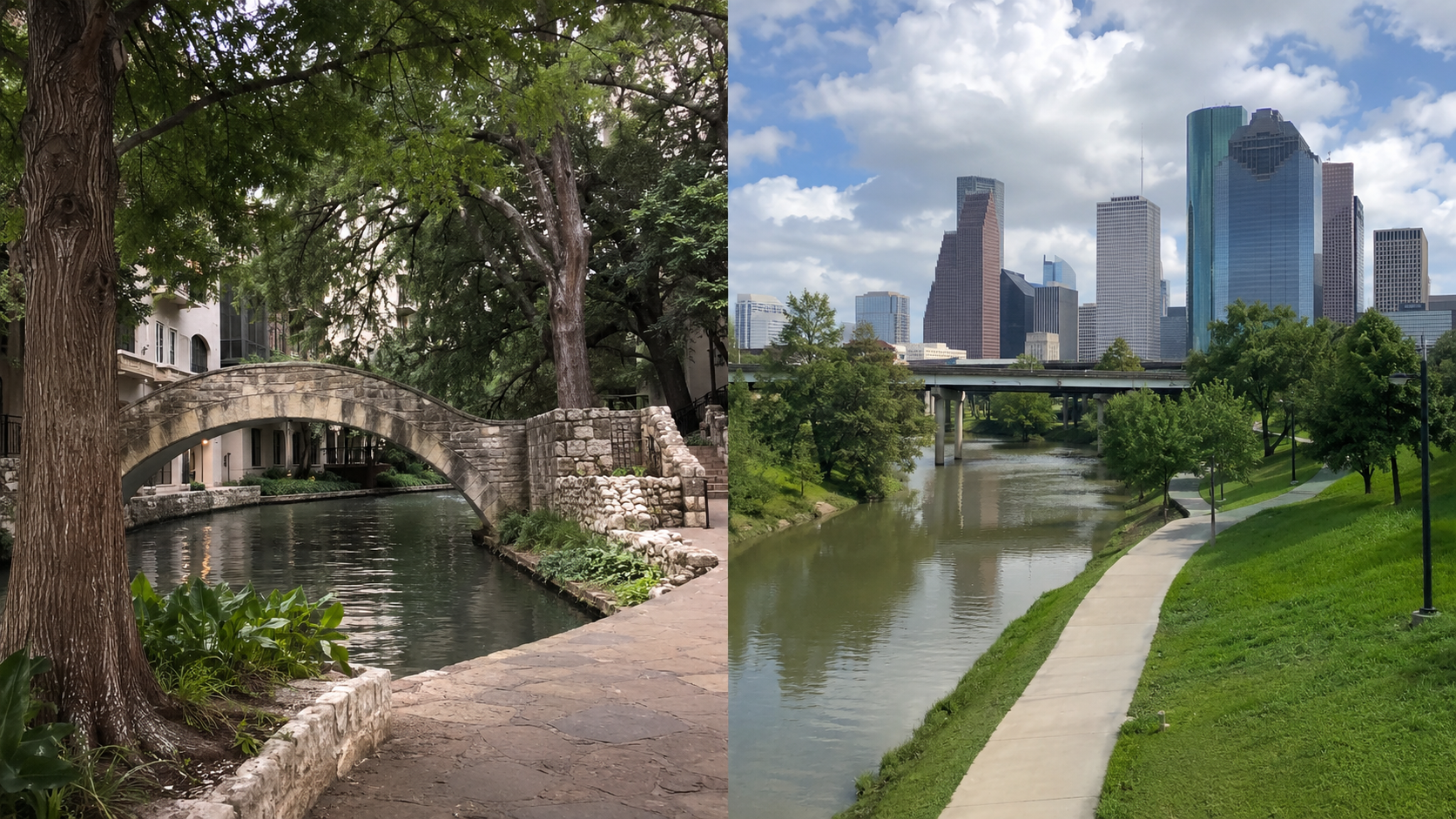 Split view of a stone footbridge over the San Antonio River Walk and the Houston skyline beyond Buffalo Bayou.